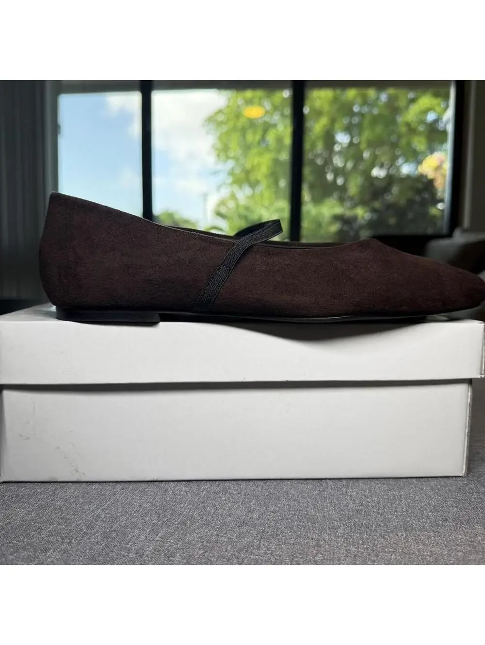 Brown suede ballet flats with elastic strap, size US 9